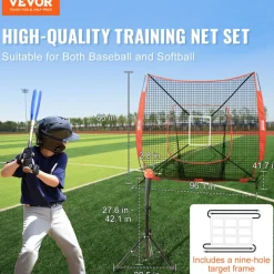 VEVOR 7x7 ft Baseball Softball Practice Net, Portable Baseball Training Net for Hitting Batting Catching Pitching, Backstop Baseball Equipment with Bow Frame, Carry Bag, Strike Zone, Ball, Batting Tee