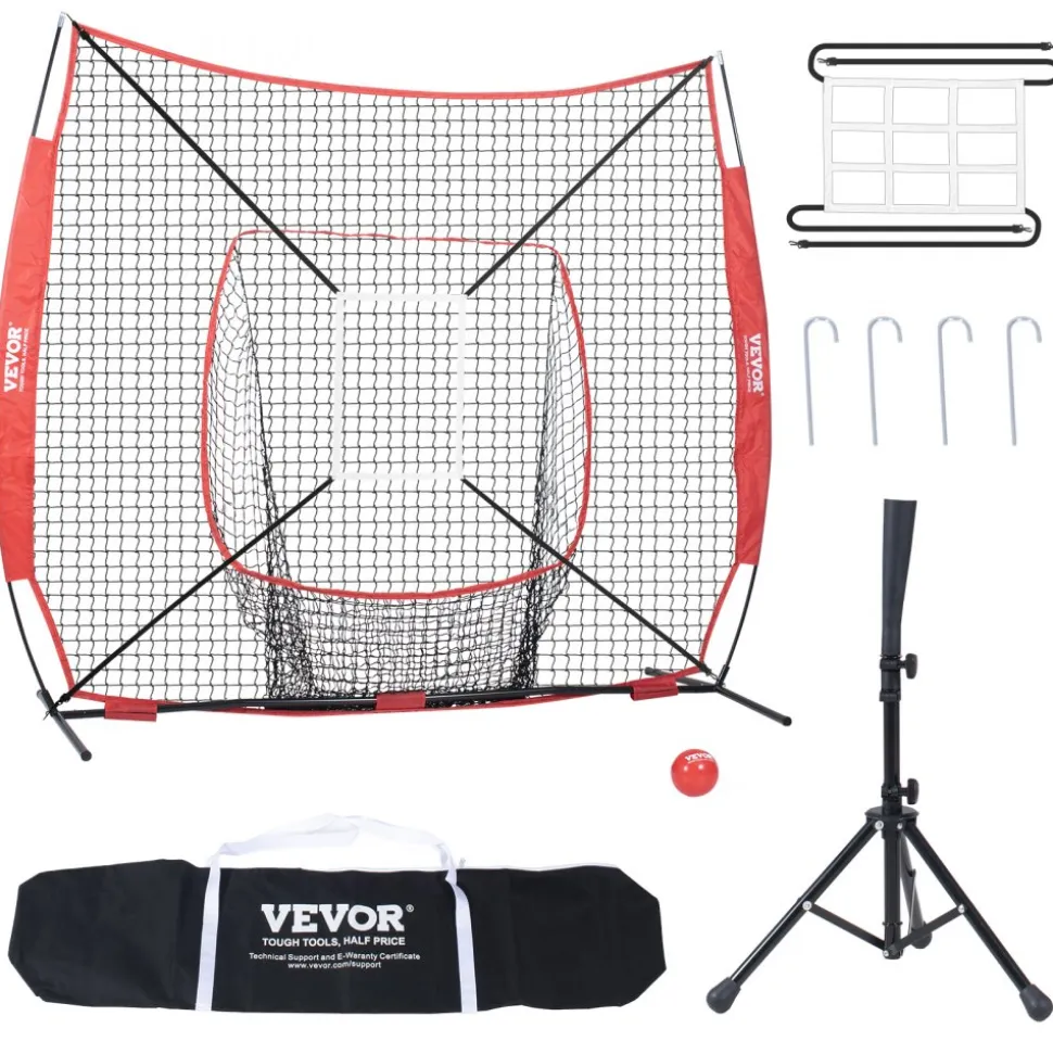 VEVOR 7x7 ft Baseball Softball Practice Net, Portable Baseball Training Net for Hitting Batting Catching Pitching, Backstop Baseball Equipment with Bow Frame, Carry Bag, Strike Zone, Ball, Batting Tee