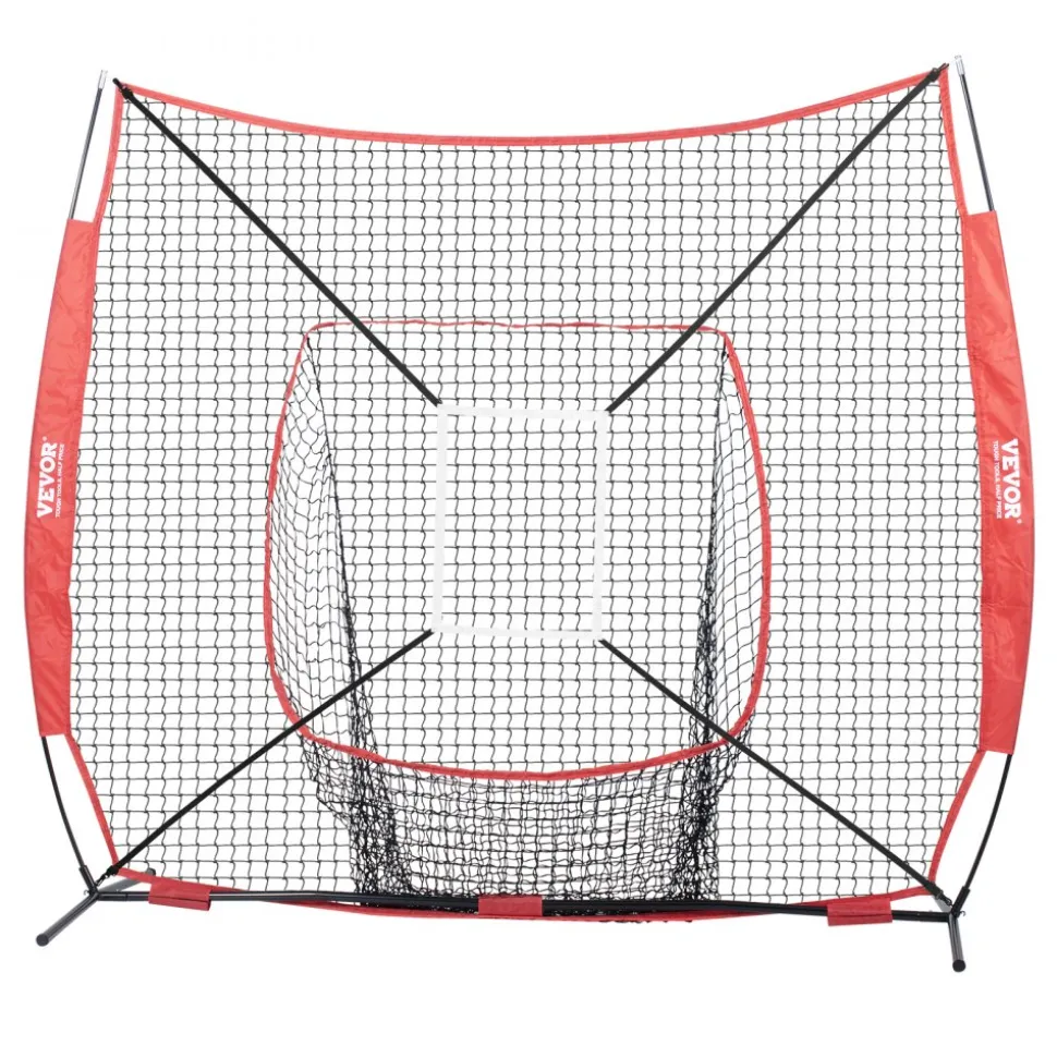 VEVOR 7x7 ft Baseball Softball Practice Net, Portable Baseball Training Net for Hitting Batting Catching Pitching, Backstop Baseball Equipment with Bow Frame, Carry Bag, Strike Zone, Ball, Batting Tee