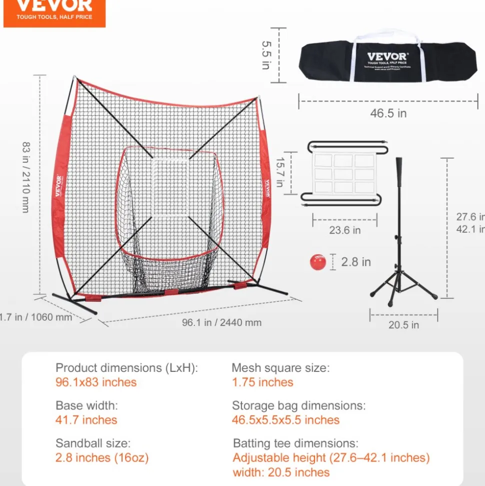 VEVOR 7x7 ft Baseball Softball Practice Net, Portable Baseball Training Net for Hitting Batting Catching Pitching, Backstop Baseball Equipment with Bow Frame, Carry Bag, Strike Zone, Ball, Batting Tee