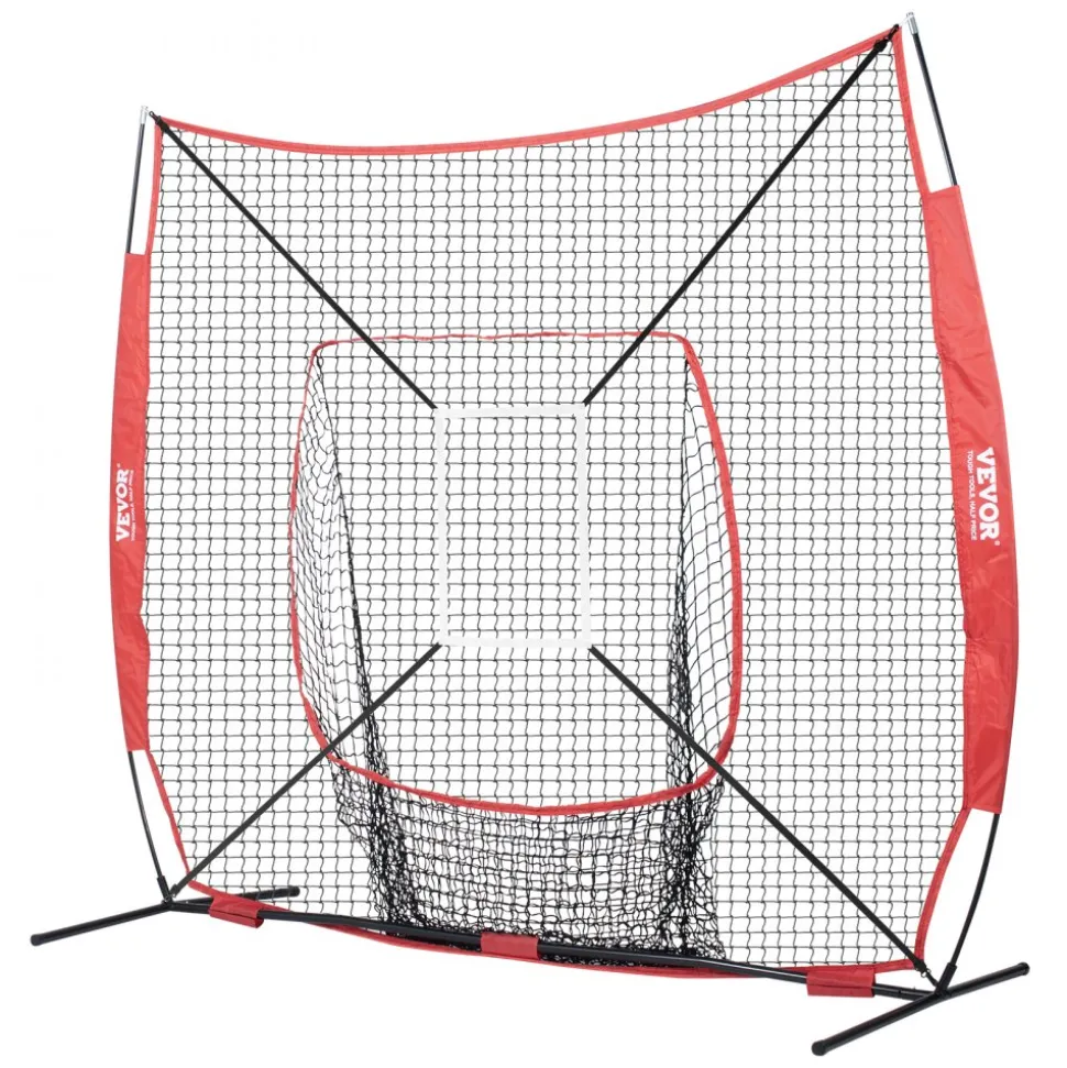 VEVOR 7x7 ft Baseball Softball Practice Net, Portable Baseball Training Net for Hitting Batting Catching Pitching, Backstop Baseball Equipment with Bow Frame, Carry Bag, Strike Zone, Ball, Batting Tee