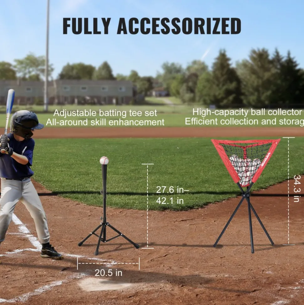 VEVOR 7x7 ft Baseball Softball Practice Net, Portable Baseball Training Net for Hitting Catching Pitching, Backstop Equipment with Bow Frame, Carry Bag, Strike Zone, 12 Balls, Tee, and Ball Collector