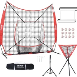 VEVOR 7x7 ft Baseball Softball Practice Net, Portable Baseball Training Net for Hitting Catching Pitching, Backstop Equipment with Bow Frame, Carry Bag, Strike Zone, 12 Balls, Tee, and Ball Collector