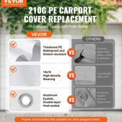 VEVOR 10 x 20 ft Carport Replacement Canopy Cover, Garage Top Tent Shelter Tarp Heavy-Duty Waterproof & UV Protected, Easy Installation with 40 Ball Bungeess (Only Top Cover, Frame Not Include), White
