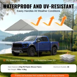 VEVOR 10 x 20 ft Carport Replacement Canopy Cover, Garage Top Tent Shelter Tarp Heavy-Duty Waterproof & UV Protected, Easy Installation with 40 Ball Bungeess (Only Top Cover, Frame Not Include), White