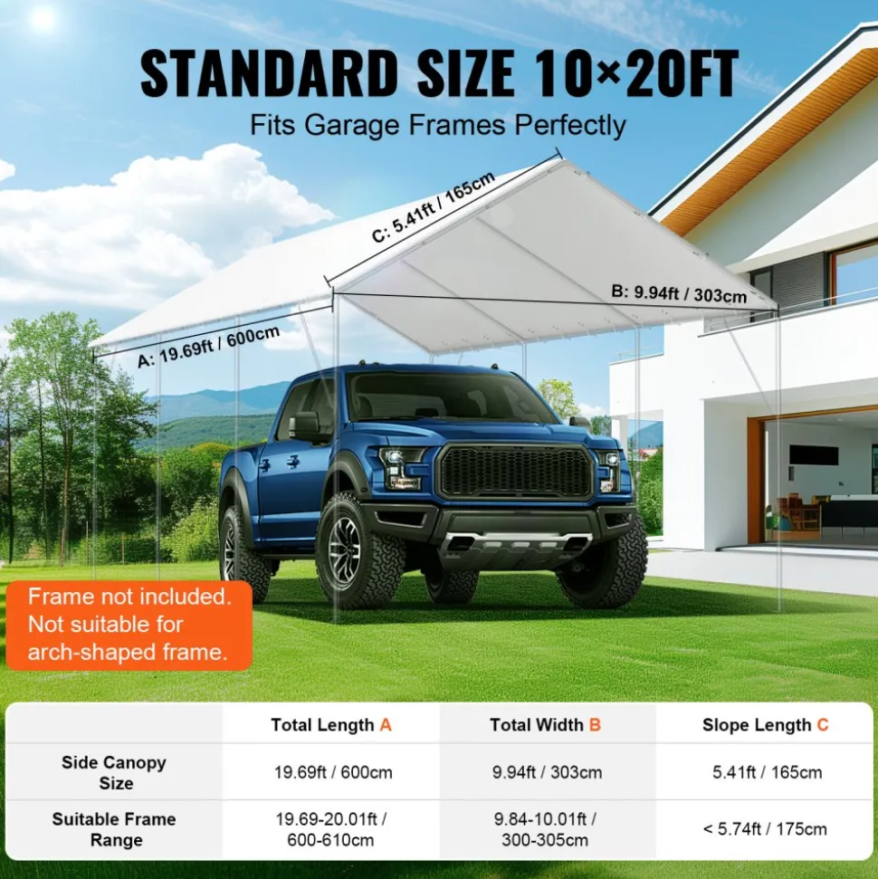 VEVOR 10 x 20 ft Carport Replacement Canopy Cover, Garage Top Tent Shelter Tarp Heavy-Duty Waterproof & UV Protected, Easy Installation with 40 Ball Bungeess (Only Top Cover, Frame Not Include), White