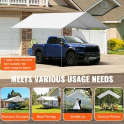 VEVOR 10 x 20 ft Carport Replacement Canopy Cover, Garage Top Tent Shelter Tarp Heavy-Duty Waterproof & UV Protected, Easy Installation with 40 Ball Bungeess (Only Top Cover, Frame Not Include), White