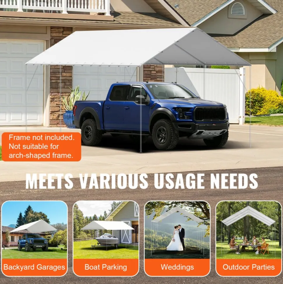 VEVOR 10 x 20 ft Carport Replacement Canopy Cover, Garage Top Tent Shelter Tarp Heavy-Duty Waterproof & UV Protected, Easy Installation with 40 Ball Bungeess (Only Top Cover, Frame Not Include), White