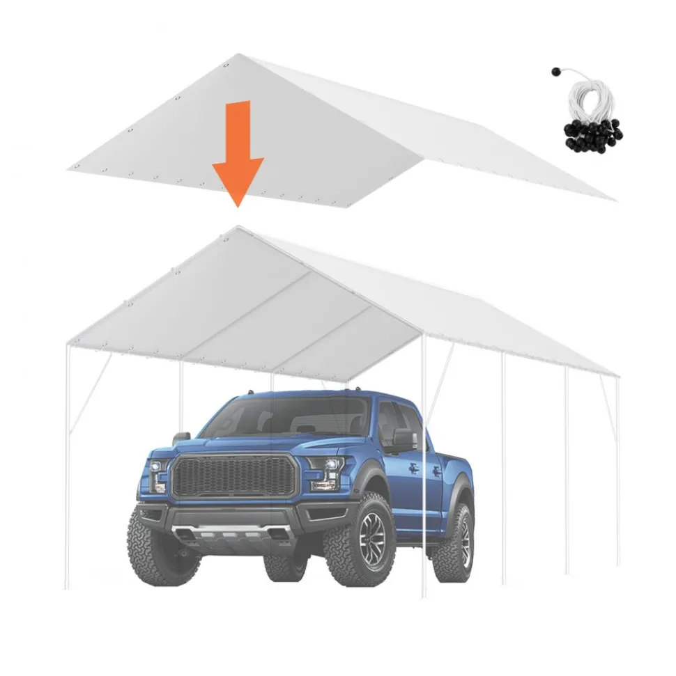 VEVOR 10 x 20 ft Carport Replacement Canopy Cover, Garage Top Tent Shelter Tarp Heavy-Duty Waterproof & UV Protected, Easy Installation with 40 Ball Bungeess (Only Top Cover, Frame Not Include), White