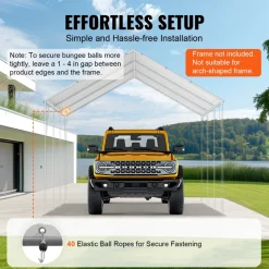 VEVOR 10 x 20 ft Carport Replacement Canopy Cover, Garage Top Tent Shelter Tarp Heavy-Duty Waterproof & UV Protected, Easy Installation with 40 Ball Bungeess (Only Top Cover, Frame Not Include), White