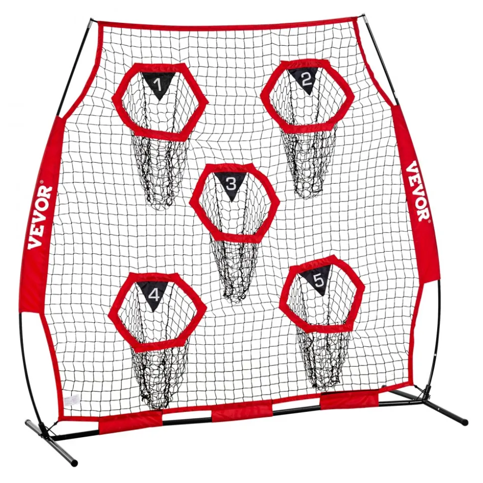 VEVOR 6 x 6 ft Football Trainer Throwing Net, Training Throwing Target Practice Net with 5 Target Pockets, Knotless Net Includes Straps and Portable Carry Case, Improve QB Throwing Accuracy, Red
