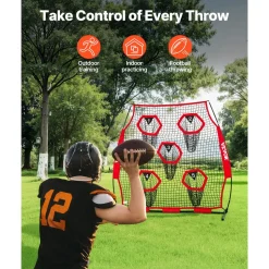 VEVOR 6 x 6 ft Football Trainer Throwing Net, Training Throwing Target Practice Net with 5 Target Pockets, Knotless Net Includes Straps and Portable Carry Case, Improve QB Throwing Accuracy, Red