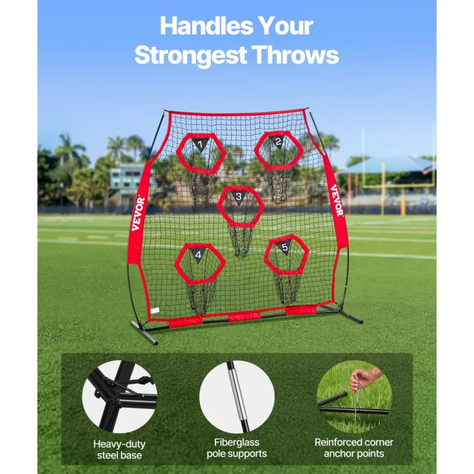VEVOR 6 x 6 ft Football Trainer Throwing Net, Training Throwing Target Practice Net with 5 Target Pockets, Knotless Net Includes Straps and Portable Carry Case, Improve QB Throwing Accuracy, Red