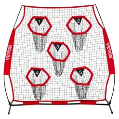 VEVOR 6 x 6 ft Football Trainer Throwing Net, Training Throwing Target Practice Net with 5 Target Pockets, Knotless Net Includes Straps and Portable Carry Case, Improve QB Throwing Accuracy, Red