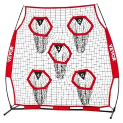 VEVOR 6 x 6 ft Football Trainer Throwing Net, Training Throwing Target Practice Net with 5 Target Pockets, Knotless Net Includes Straps and Portable Carry Case, Improve QB Throwing Accuracy, Red