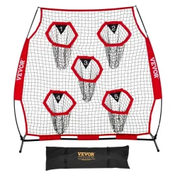 VEVOR 6 x 6 ft Football Trainer Throwing Net, Training Throwing Target Practice Net with 5 Target Pockets, Knotless Net Includes Straps and Portable Carry Case, Improve QB Throwing Accuracy, Red