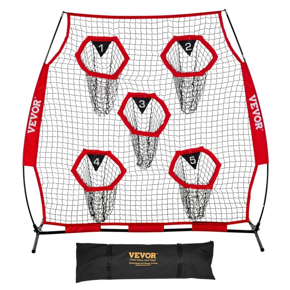 VEVOR 6 x 6 ft Football Trainer Throwing Net, Training Throwing Target Practice Net with 5 Target Pockets, Knotless Net Includes Straps and Portable Carry Case, Improve QB Throwing Accuracy, Red