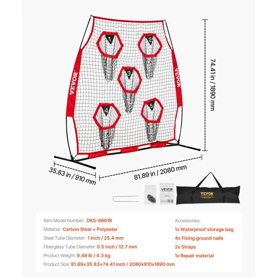 VEVOR 6 x 6 ft Football Trainer Throwing Net, Training Throwing Target Practice Net with 5 Target Pockets, Knotless Net Includes Straps and Portable Carry Case, Improve QB Throwing Accuracy, Red