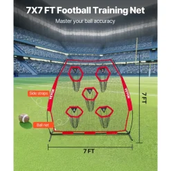 VEVOR 7 x 7 ft Football Trainer Throwing Net, Training Throwing Target Practice Net with 5 Target Pockets, Knotless Net Includes Straps and Portable Carry Case, Improve QB Throwing Accuracy, Red