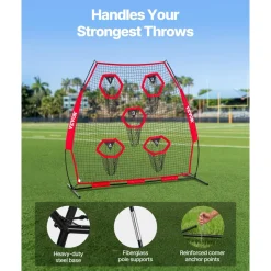 VEVOR 7 x 7 ft Football Trainer Throwing Net, Training Throwing Target Practice Net with 5 Target Pockets, Knotless Net Includes Straps and Portable Carry Case, Improve QB Throwing Accuracy, Red