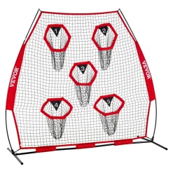 VEVOR 7 x 7 ft Football Trainer Throwing Net, Training Throwing Target Practice Net with 5 Target Pockets, Knotless Net Includes Straps and Portable Carry Case, Improve QB Throwing Accuracy, Red