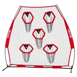 VEVOR 7 x 7 ft Football Trainer Throwing Net, Training Throwing Target Practice Net with 5 Target Pockets, Knotless Net Includes Straps and Portable Carry Case, Improve QB Throwing Accuracy, Red