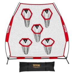 VEVOR 7 x 7 ft Football Trainer Throwing Net, Training Throwing Target Practice Net with 5 Target Pockets, Knotless Net Includes Straps and Portable Carry Case, Improve QB Throwing Accuracy, Red
