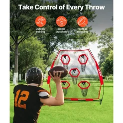 VEVOR 7 x 7 ft Football Trainer Throwing Net, Training Throwing Target Practice Net with 5 Target Pockets, Knotless Net Includes Straps and Portable Carry Case, Improve QB Throwing Accuracy, Red