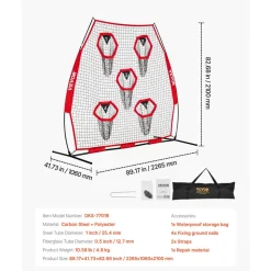 VEVOR 7 x 7 ft Football Trainer Throwing Net, Training Throwing Target Practice Net with 5 Target Pockets, Knotless Net Includes Straps and Portable Carry Case, Improve QB Throwing Accuracy, Red