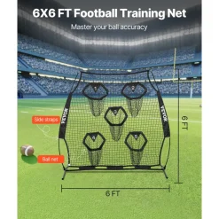 VEVOR 6 x 6 ft Football Trainer Throwing Net, Training Throwing Target Practice Net with 5 Target Pockets, Knotless Net Includes Straps and Portable Carry Case, Improve QB Throwing Accuracy, Black