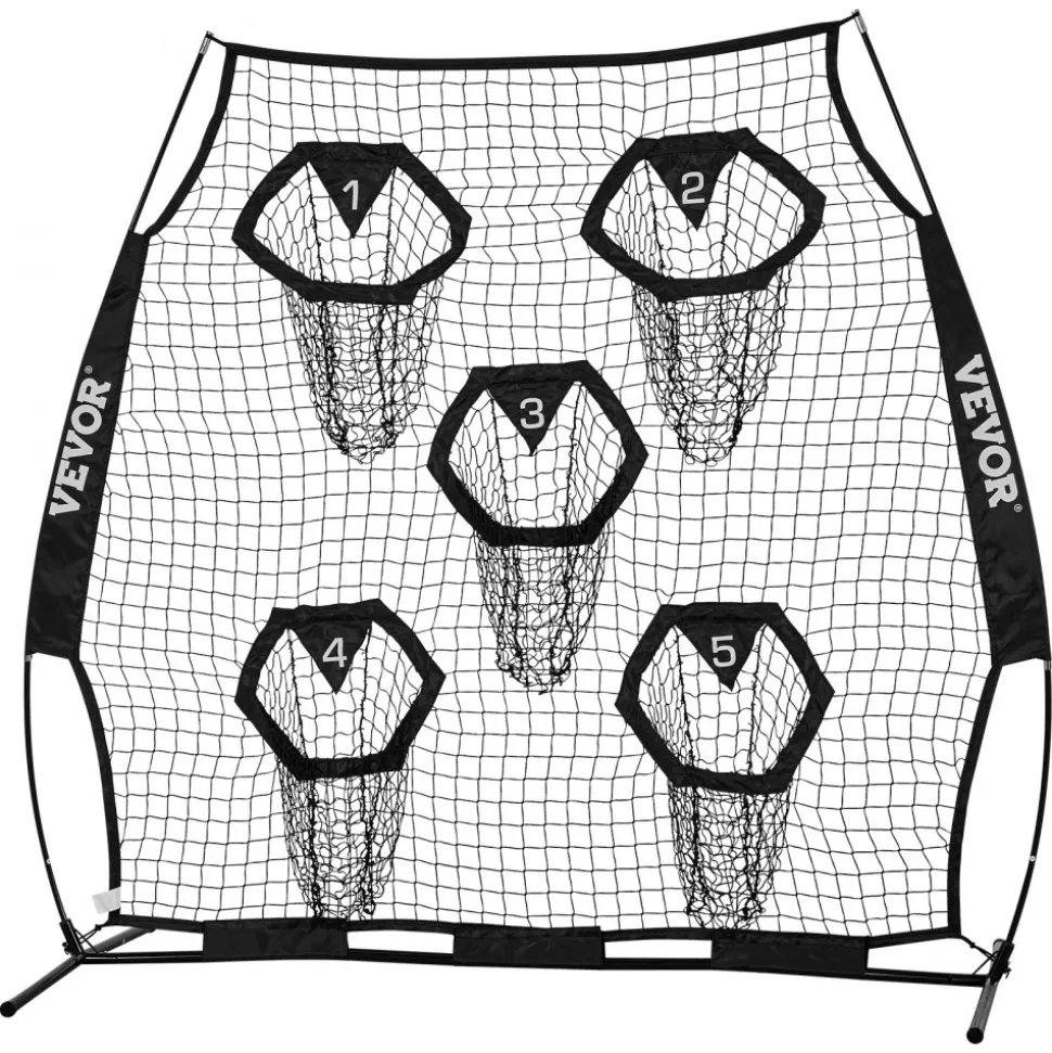 VEVOR 6 x 6 ft Football Trainer Throwing Net, Training Throwing Target Practice Net with 5 Target Pockets, Knotless Net Includes Straps and Portable Carry Case, Improve QB Throwing Accuracy, Black