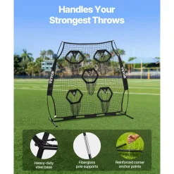 VEVOR 6 x 6 ft Football Trainer Throwing Net, Training Throwing Target Practice Net with 5 Target Pockets, Knotless Net Includes Straps and Portable Carry Case, Improve QB Throwing Accuracy, Black