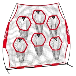 VEVOR 8 x 8 ft Football Trainer Throwing Net, Training Throwing Target Practice Net with 6 Target Pockets, Knotless Net Includes Straps and Portable Carry Case, Improve QB Throwing Accuracy, Red