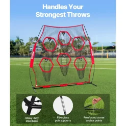 VEVOR 8 x 8 ft Football Trainer Throwing Net, Training Throwing Target Practice Net with 6 Target Pockets, Knotless Net Includes Straps and Portable Carry Case, Improve QB Throwing Accuracy, Red