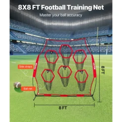 VEVOR 8 x 8 ft Football Trainer Throwing Net, Training Throwing Target Practice Net with 6 Target Pockets, Knotless Net Includes Straps and Portable Carry Case, Improve QB Throwing Accuracy, Red