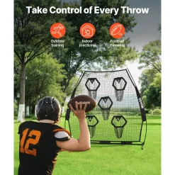 VEVOR 7 x 7 ft Football Trainer Throwing Net, Training Throwing Target Practice Net with 5 Target Pockets, Knotless Net Includes Straps and Portable Carry Case, Improve QB Throwing Accuracy, Black