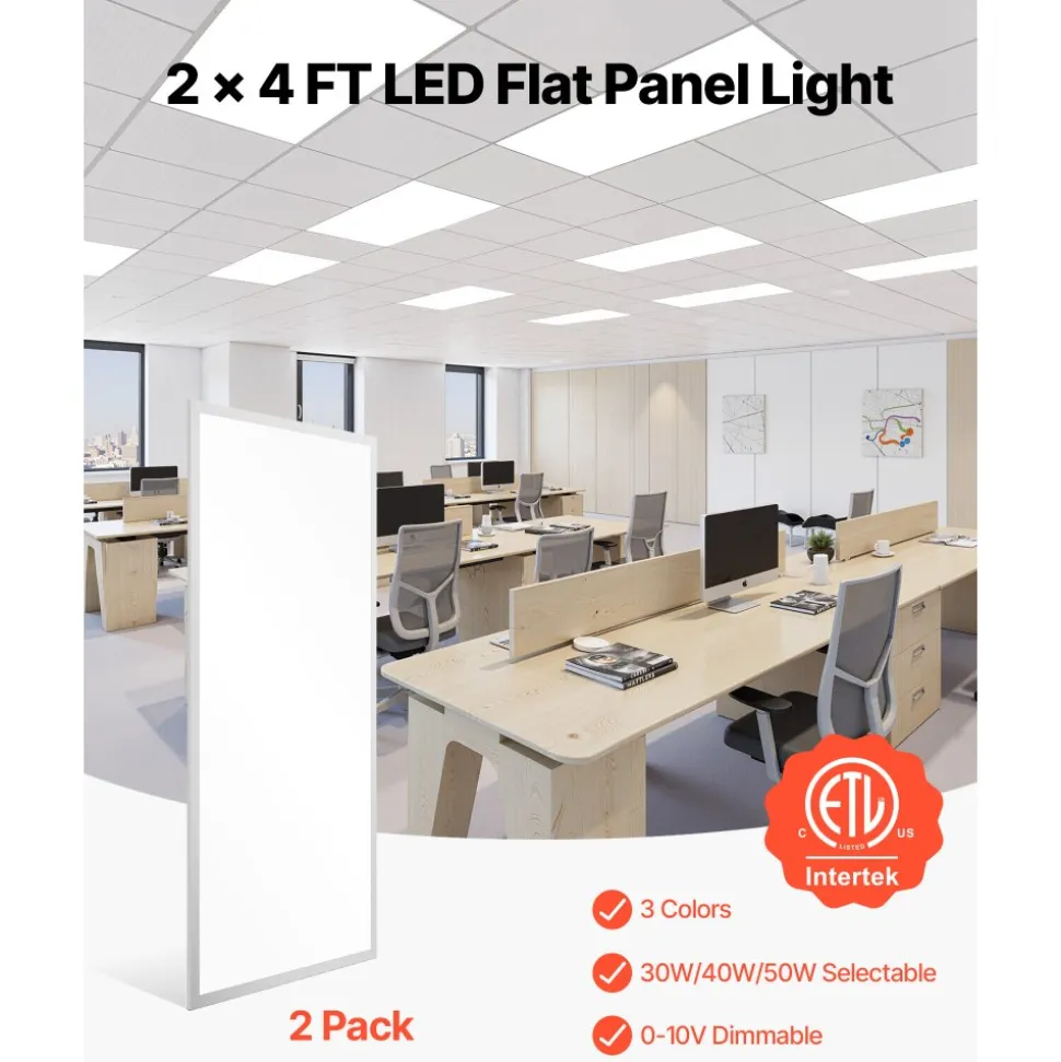 VEVOR 2x4 FT LED Flat Panel Light, 7800 LM, Flush Mount LED Drop Ceiling Lighting Fixture with 3 Color Selectable 4000K/5000K/6000K, 30W/40W/50W, 0-10V Dimmable, Ultra Slim for Home Kitchen, 2 Pack