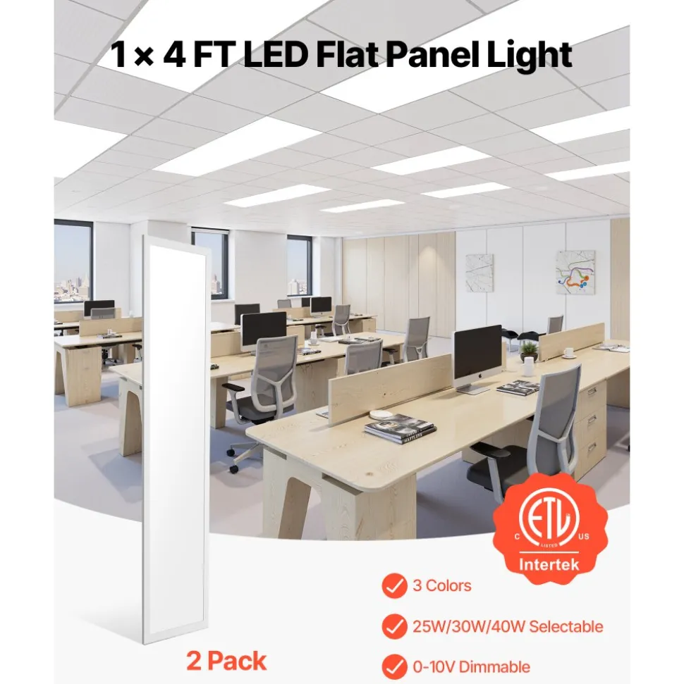 VEVOR 1x4 FT LED Flat Panel Light, 5700 LM, Flush Mount LED Drop Ceiling Lighting Fixture with 3 Color Selectable 3000K/4000K/5000K, 25W/30W/40W, 0-10V Dimmable, Ultra Slim for Home Kitchen, 2 Pack