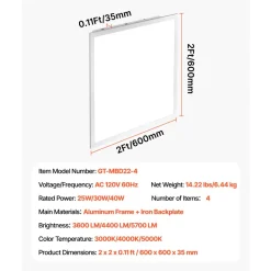 VEVOR 2x2 FT LED Flat Panel Light, 5700 LM, Flush Mount LED Drop Ceiling Lighting Fixture with 3 Color Selectable 3000K/4000K/5000K, 25W/30W/40W, 0-10V Dimmable, Ultra Slim for Home Kitchen, 4 Pack