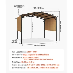 VEVOR 10 x 10 ft Outdoor Pergola, Arched Top Metal Pergola, Retractable Pergola with Sun Shade Canopy, Large Patio Shelter Pavilion, Heavy Duty Garden Pergola for Deck Backyard Porch Poolside