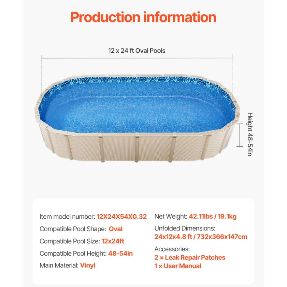 VEVOR 12 x 24 ft Oval Pool Liner, Overlap Style Above Ground Pool Liners, 48-to-54inch Wall Height, Durable Pool Liner, Standard Gauge Vinyl, for Steel Sided Above-Ground Swimming Pools