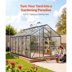VEVOR 8 x 12 FT Polycarbonate Greenhouse, Heavy Duty Outdoor Green House with Adjustable Vent & Push-Pull Lockable Door, Quick Setup, Aluminum Frame Walk-in Greenhouse Sunroom for Outside Garden Lawn