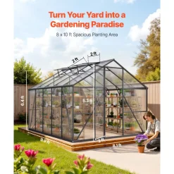 VEVOR 8 x 14 FT Polycarbonate Greenhouse, Heavy Duty Outdoor Green House with Adjustable Vent & Push-Pull Lockable Door, Quick Setup, Aluminum Frame Walk-in Greenhouse Sunroom for Outside Garden Lawn