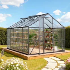 VEVOR 8 x 14 FT Polycarbonate Greenhouse, Heavy Duty Outdoor Green House with Adjustable Vent & Push-Pull Lockable Door, Quick Setup, Aluminum Frame Walk-in Greenhouse Sunroom for Outside Garden Lawn