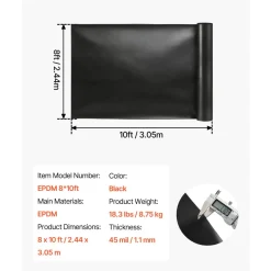 VEVOR 8 x 10 ft Pond Liner, 45 Mil Thickness, EPDM Rubber Material Fish Pond Liner for Outdoor Ponds, Easy to Cut, Durable & Leakproof, for Water Garden, Waterfall, Fishpond, Koi, Fountains, Black