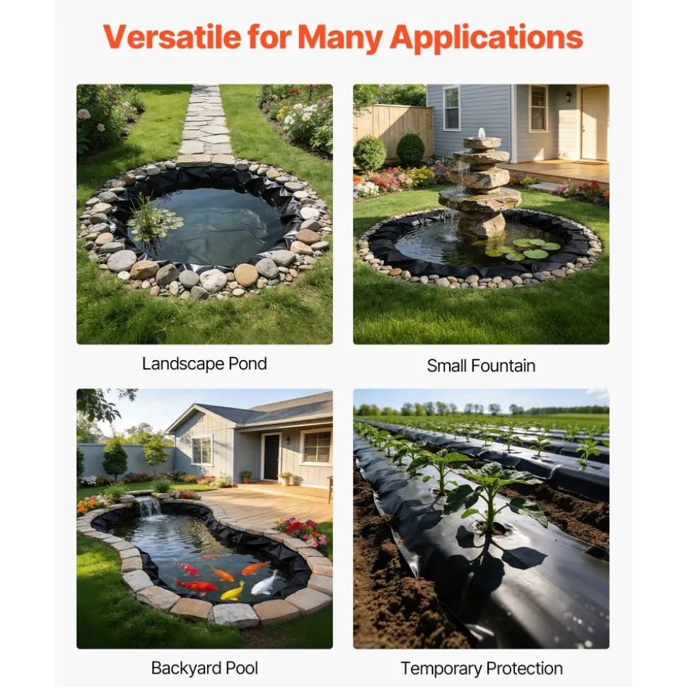 VEVOR 8 x 10 ft Pond Liner, 45 Mil Thickness, EPDM Rubber Material Fish Pond Liner for Outdoor Ponds, Easy to Cut, Durable & Leakproof, for Water Garden, Waterfall, Fishpond, Koi, Fountains, Black
