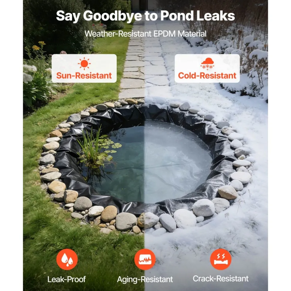 VEVOR 8 x 10 ft Pond Liner, 45 Mil Thickness, EPDM Rubber Material Fish Pond Liner for Outdoor Ponds, Easy to Cut, Durable & Leakproof, for Water Garden, Waterfall, Fishpond, Koi, Fountains, Black