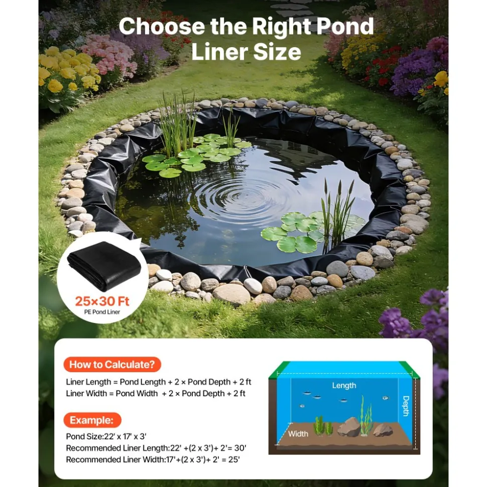 VEVOR 20 x 25 ft Pond Liner, 14 Mil Thickness, 3-Layer Reinforced PE Fish Koi Pond Liner for Outdoor Ponds, with Hemmed Edge and 4 Metal Buttonholes, for Water Garden, Waterfall, and Fountains, Black
