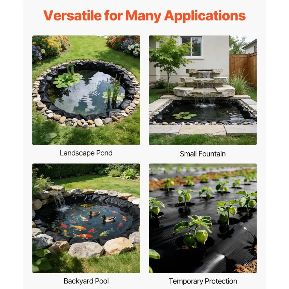 VEVOR 20 x 25 ft Pond Liner, 14 Mil Thickness, 3-Layer Reinforced PE Fish Koi Pond Liner for Outdoor Ponds, with Hemmed Edge and 4 Metal Buttonholes, for Water Garden, Waterfall, and Fountains, Black