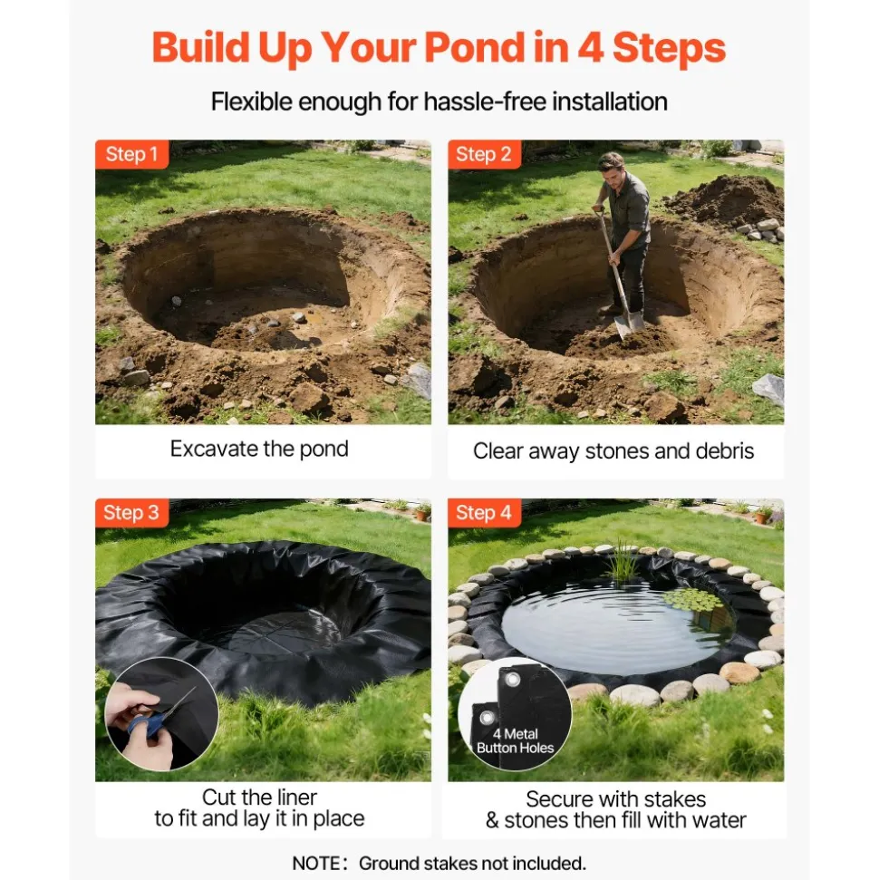 VEVOR 20 x 25 ft Pond Liner, 14 Mil Thickness, 3-Layer Reinforced PE Fish Koi Pond Liner for Outdoor Ponds, with Hemmed Edge and 4 Metal Buttonholes, for Water Garden, Waterfall, and Fountains, Black